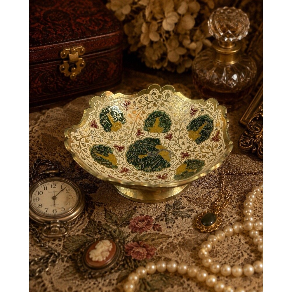 Vintage Brass Peacock Trinket Bowl India Etched Enamel Decorative Dish Gold